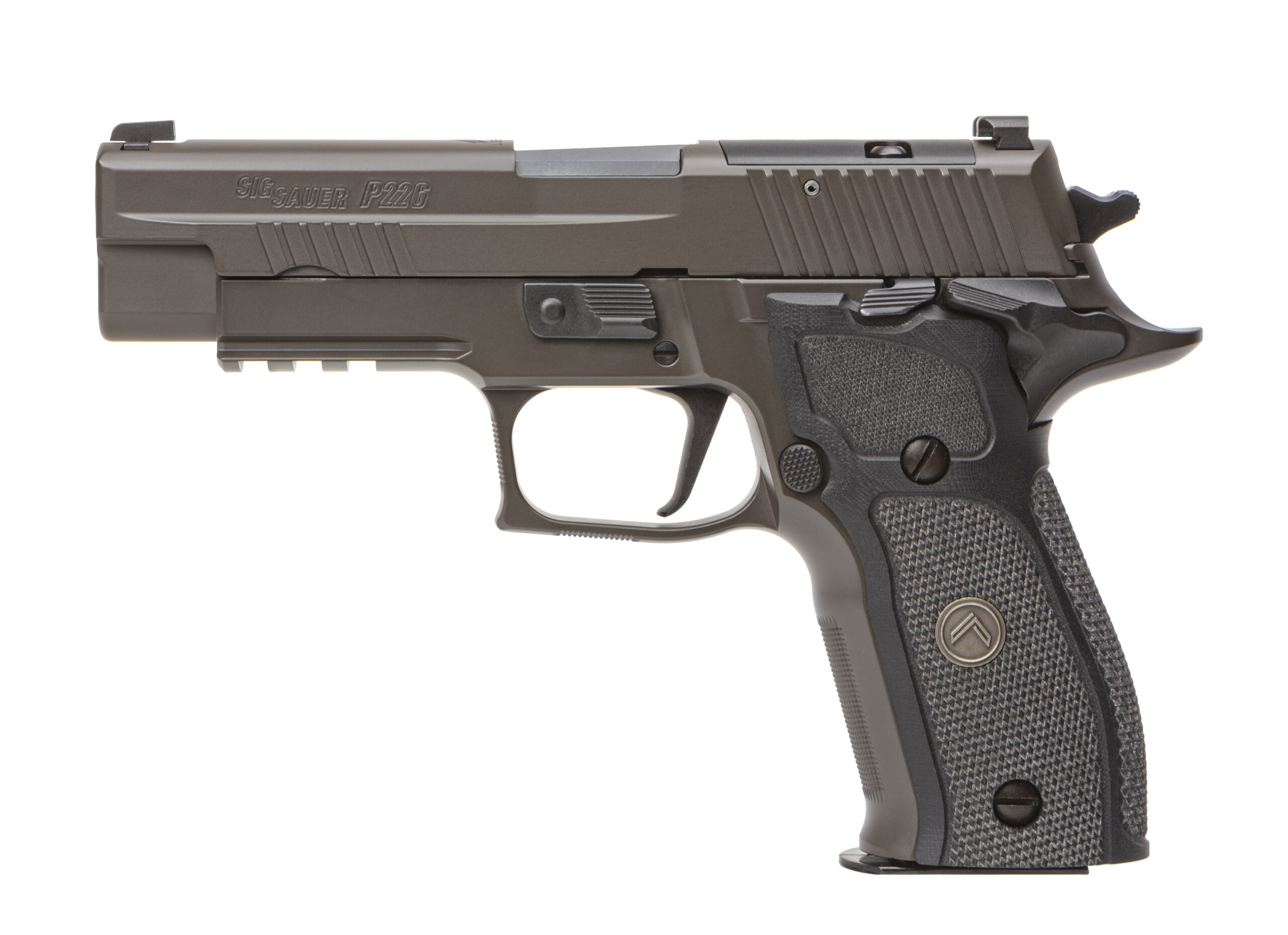 Side view of a SIG Sauer P226 handgun.