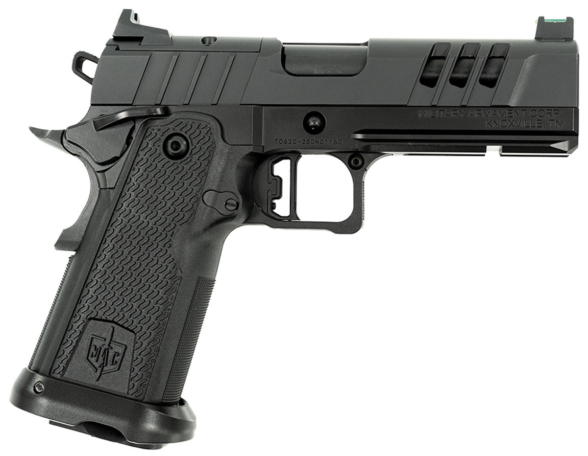 Black semi-automatic handgun on a white background.