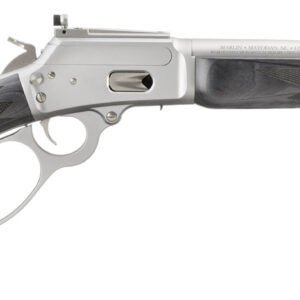 Side view of a stainless steel lever-action rifle.