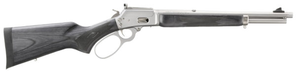 Side view of a stainless steel lever-action rifle.