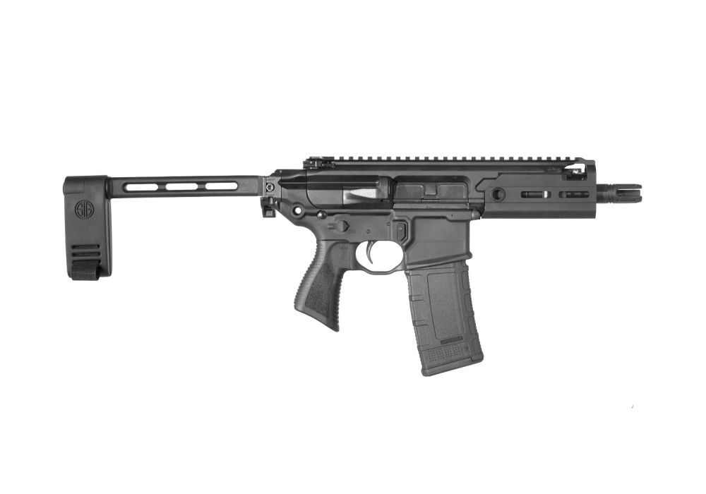Black semi-automatic firearm with adjustable stock.