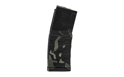 Camouflage magazine for firearm, side view.