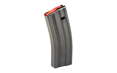 Curved firearm magazine with red and gray elements.