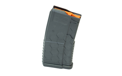 Black firearm magazine with orange follower.