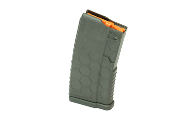 Green firearm magazine with orange follower