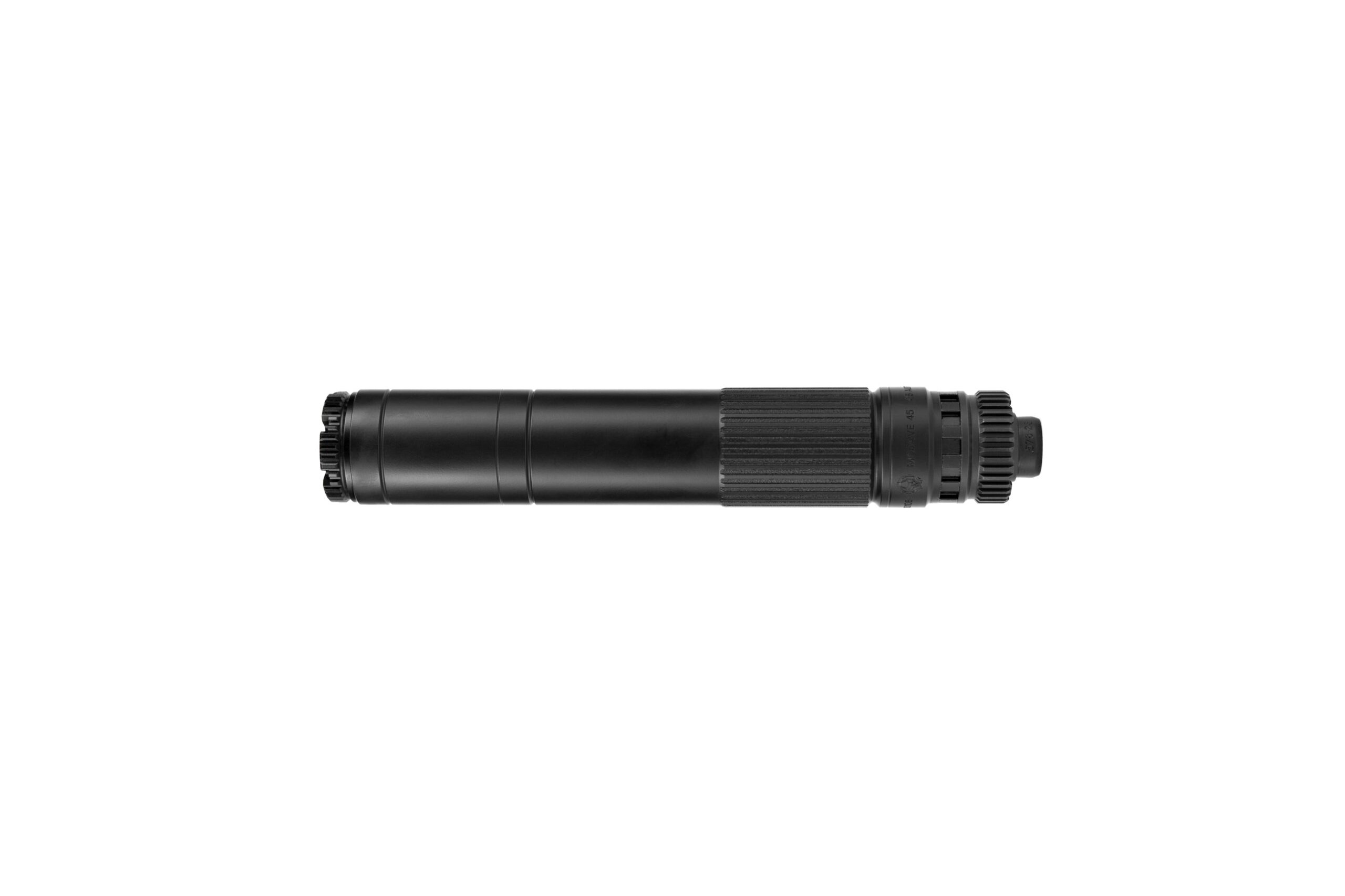Black cylindrical suppressor with textured grip.