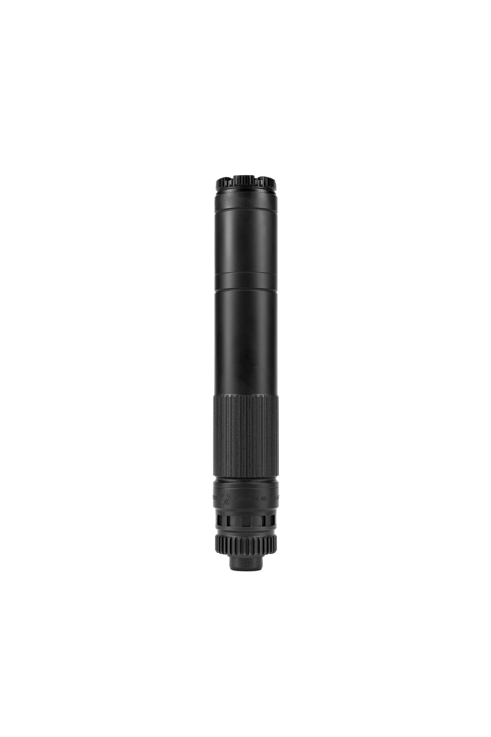 Black cylindrical suppressor with textured grip.