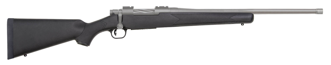 Side view of a modern rifle with black stock.