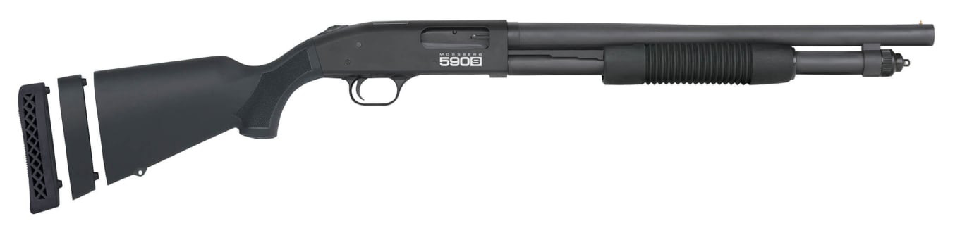 Side view of a black shotgun.