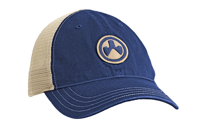 Blue and beige cap with logo design