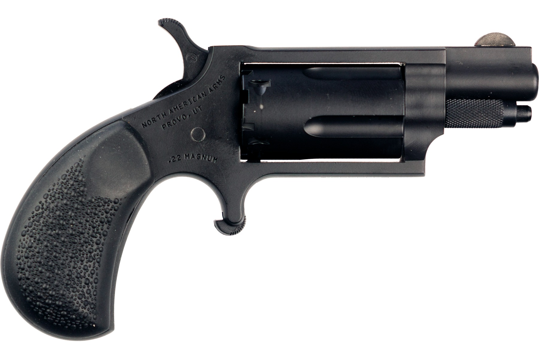 Black revolver handgun on a white background.
