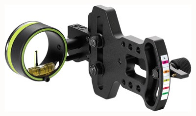 Bow sight with adjustable features and level indicator.