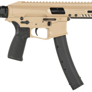 Tan firearm with black accessories on white background