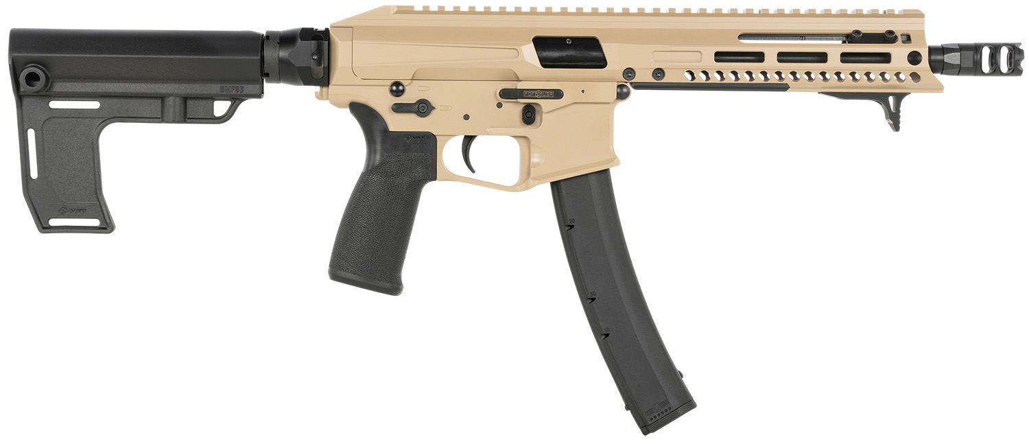 Tan firearm with black accessories on white background