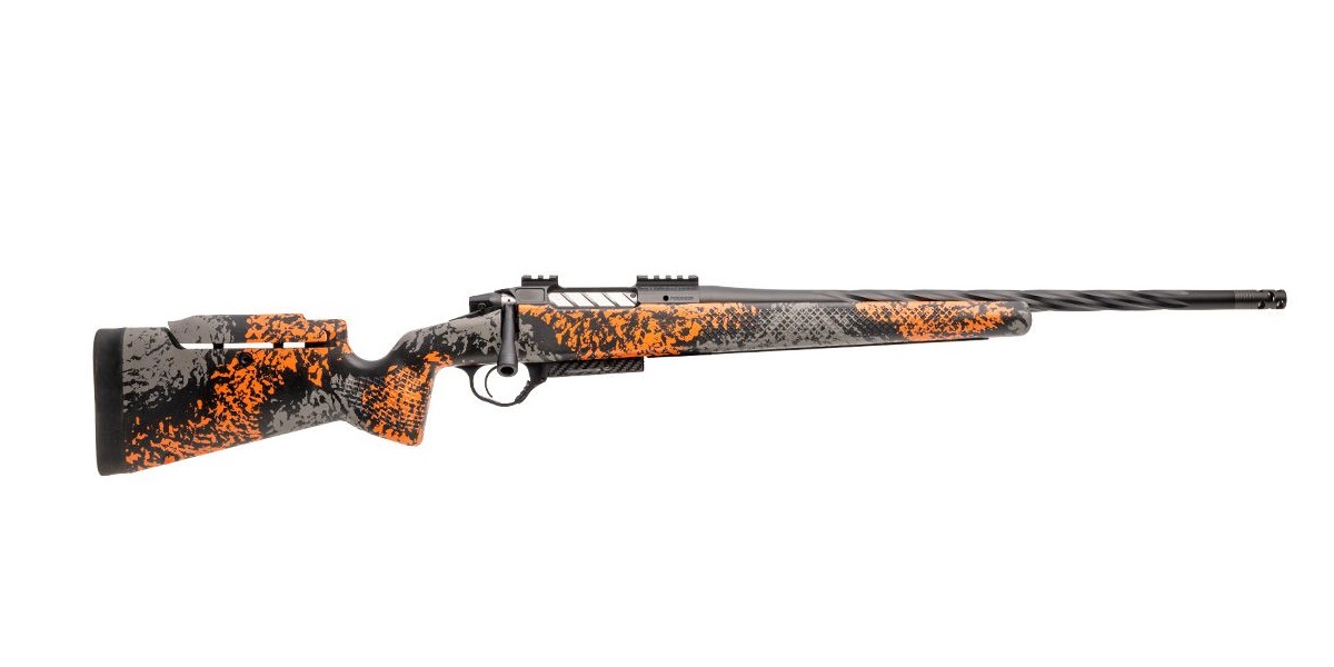 Custom rifle with orange and black camouflage design.