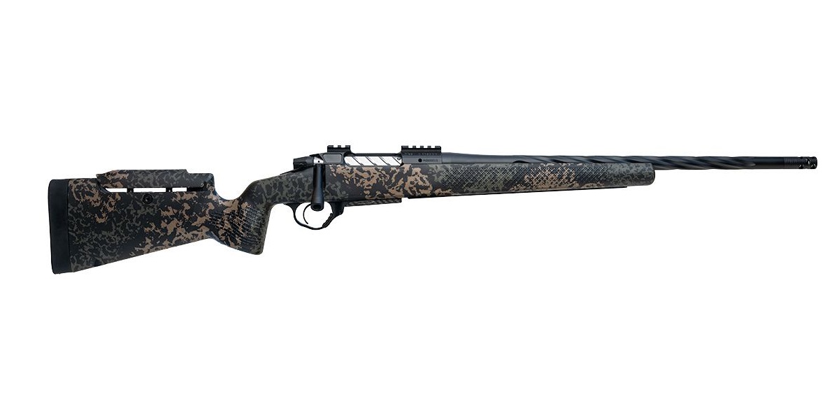 Camo-patterned hunting rifle side view