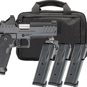 Black handgun with magazines and carrying case.