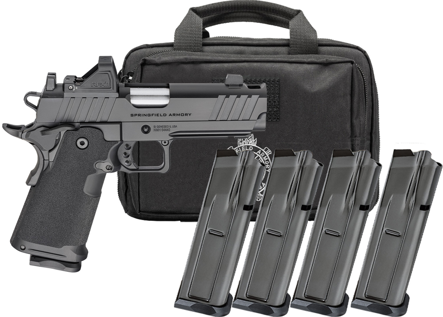 Springfield Armory pistol with carrying case and magazines.