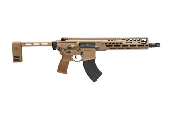 Tan semi-automatic rifle with modern design features.