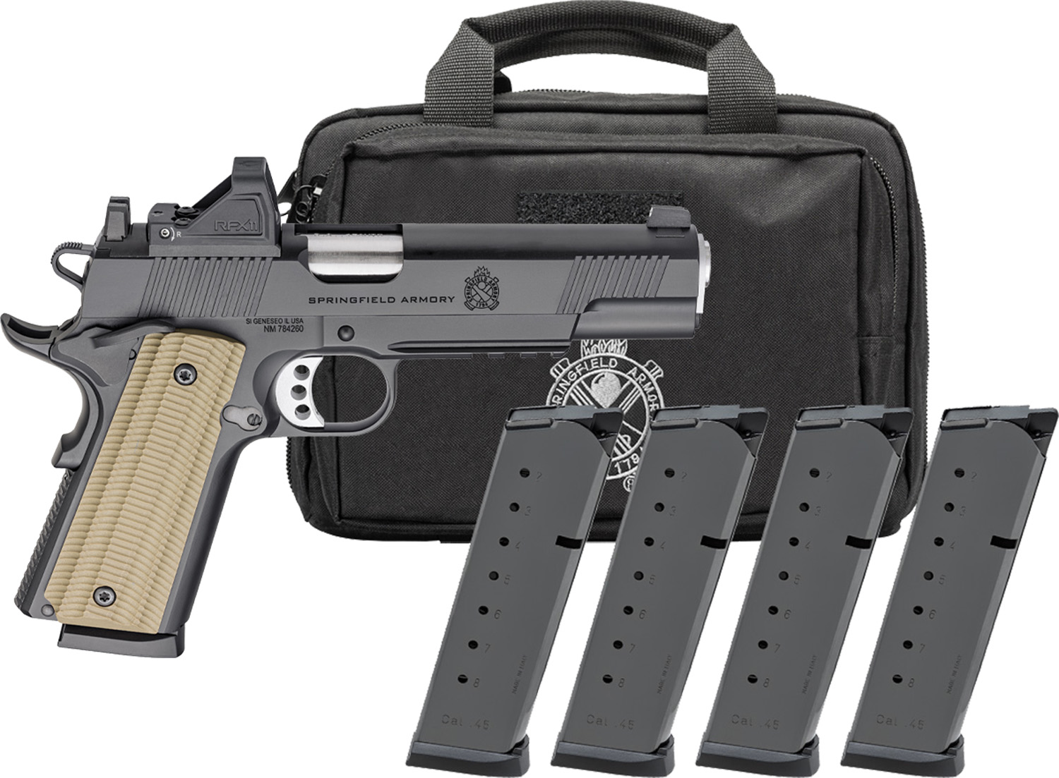 Springfield Armory handgun with magazines and case.