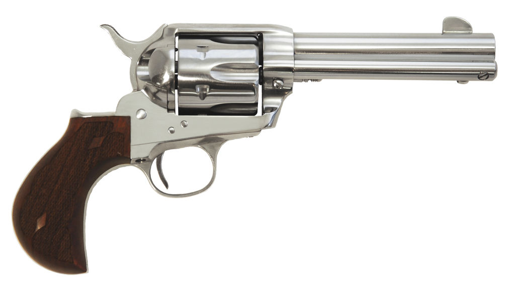 Silver revolver with wooden grip, side view.
