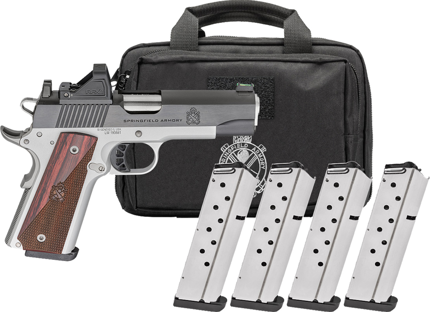 Springfield Armory pistol with magazines and case.