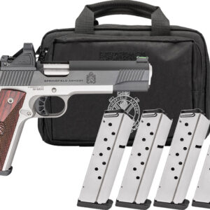 Handgun with additional magazines and a carrying case.