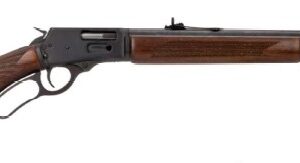 Side view of a wooden lever-action rifle.