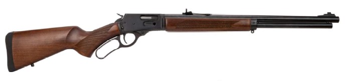 Side view of a wooden lever-action rifle.
