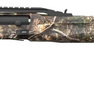 Camo-patterned rifle positioned side view.