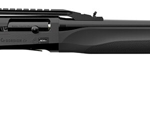 Side view of a modern black shotgun.