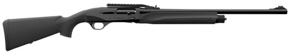 Side view of a modern black shotgun.
