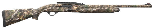 Camouflage shotgun with detailed woodsy pattern.