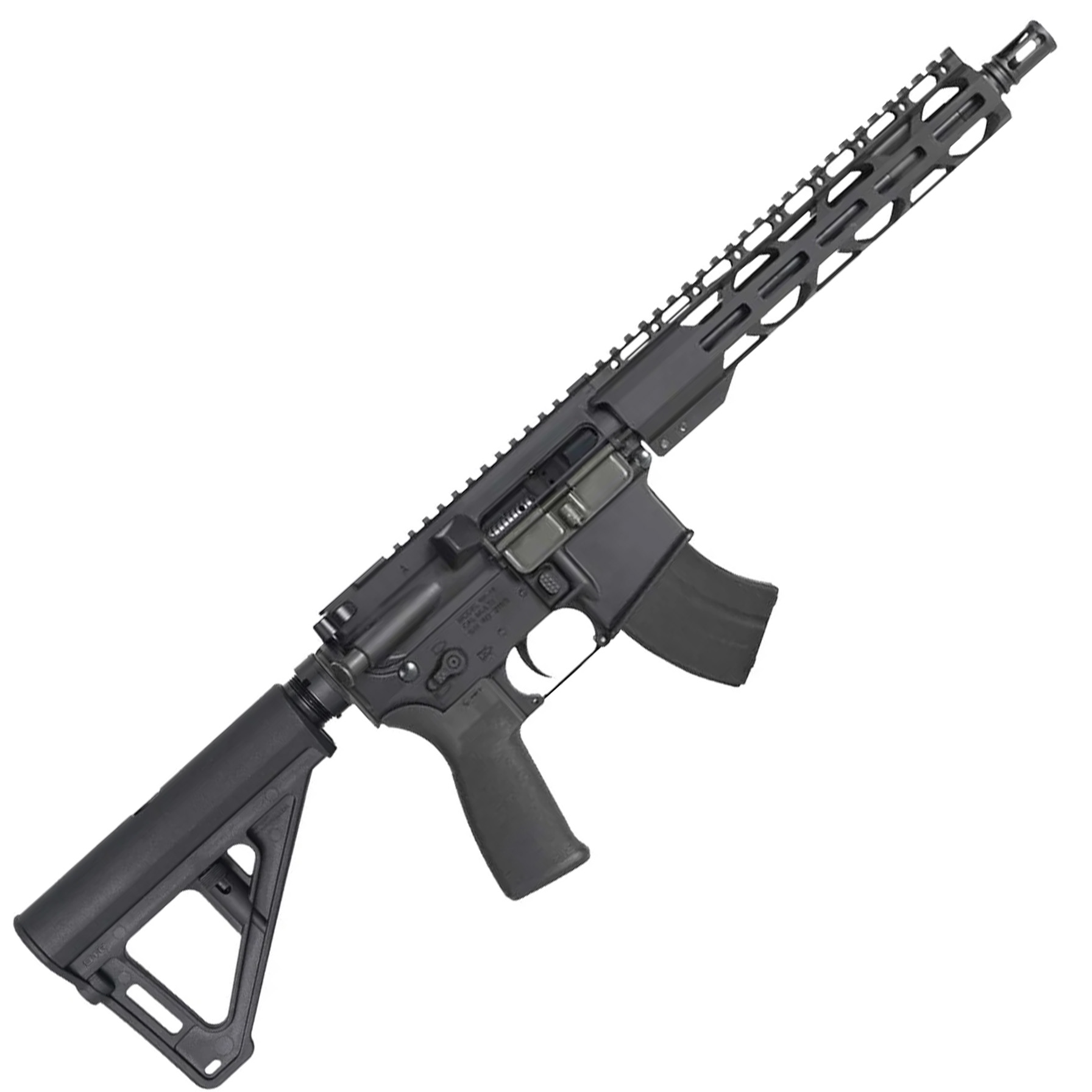 Black semi-automatic rifle with distinct features