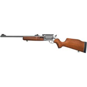 Side view of a rifle with wooden stock.