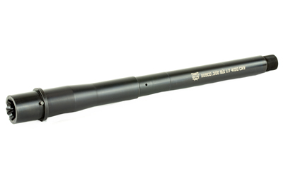 Black firearm barrel with threaded end.