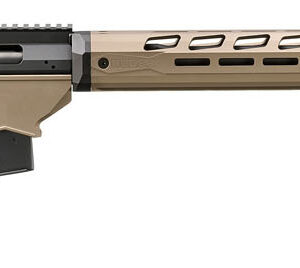 Side view of a tactical rifle with a long barrel.