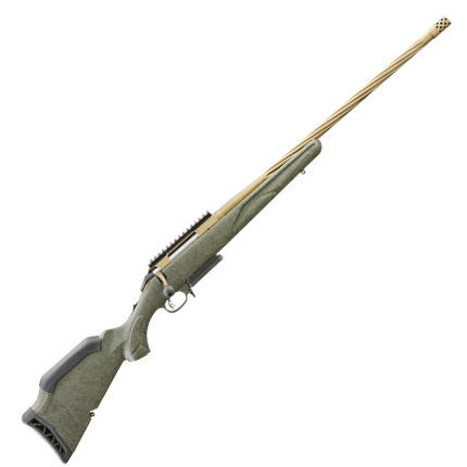 Green hunting rifle with a long barrel.