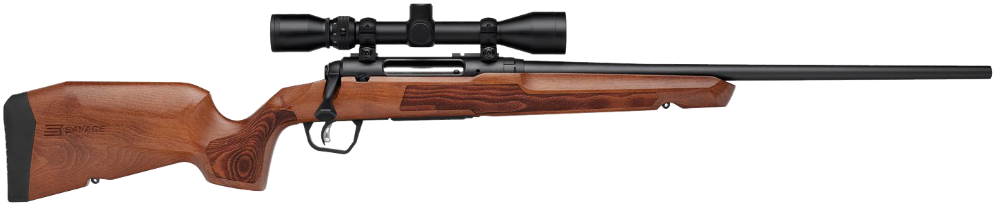 Side view of a wooden rifle with scope.