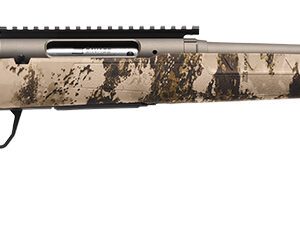 Camouflaged rifle with modern design features.