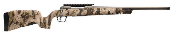 Camouflaged rifle with modern design features.