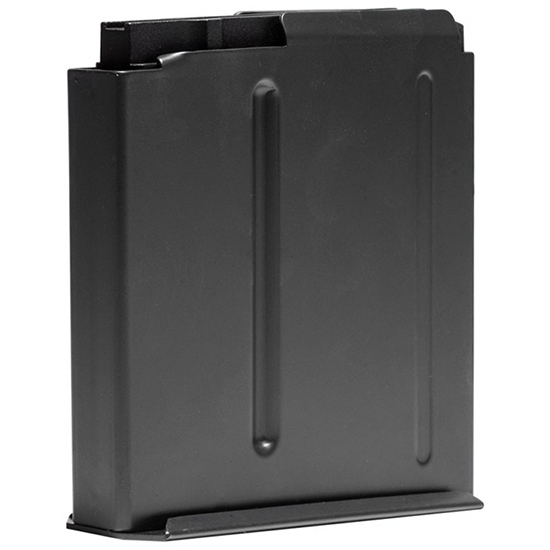 Black firearm magazine with vertical grooves.