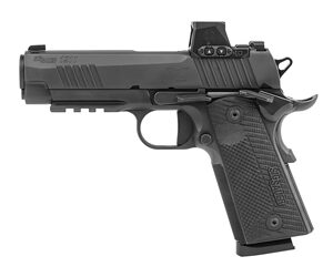 Black handgun on a white background.