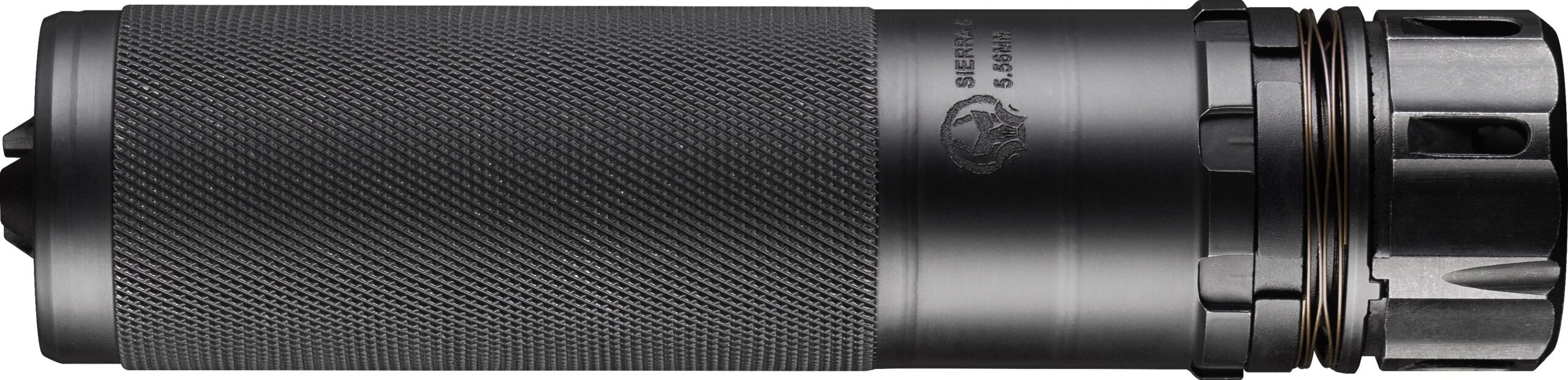 Close-up of a black firearm suppressor.