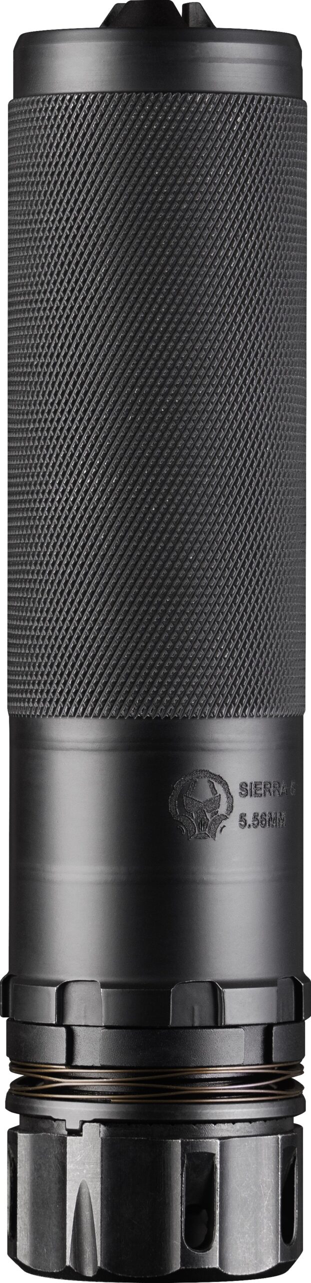 Close-up of a black firearm suppressor.