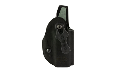 Black holster for firearm with clip attachment.