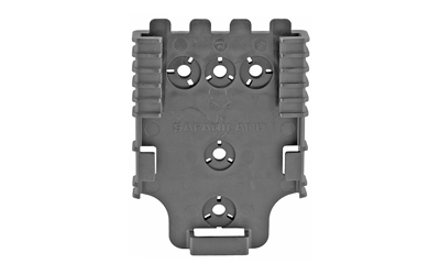 Gray plastic mount with multiple holes and slots