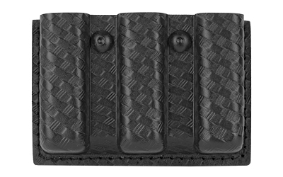 Black textured leather wallet with card slots.