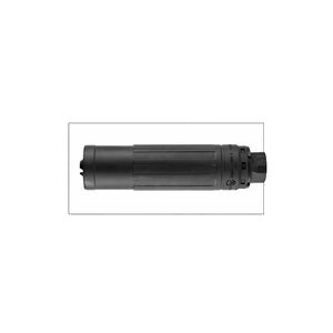 Black firearm suppressor on white background