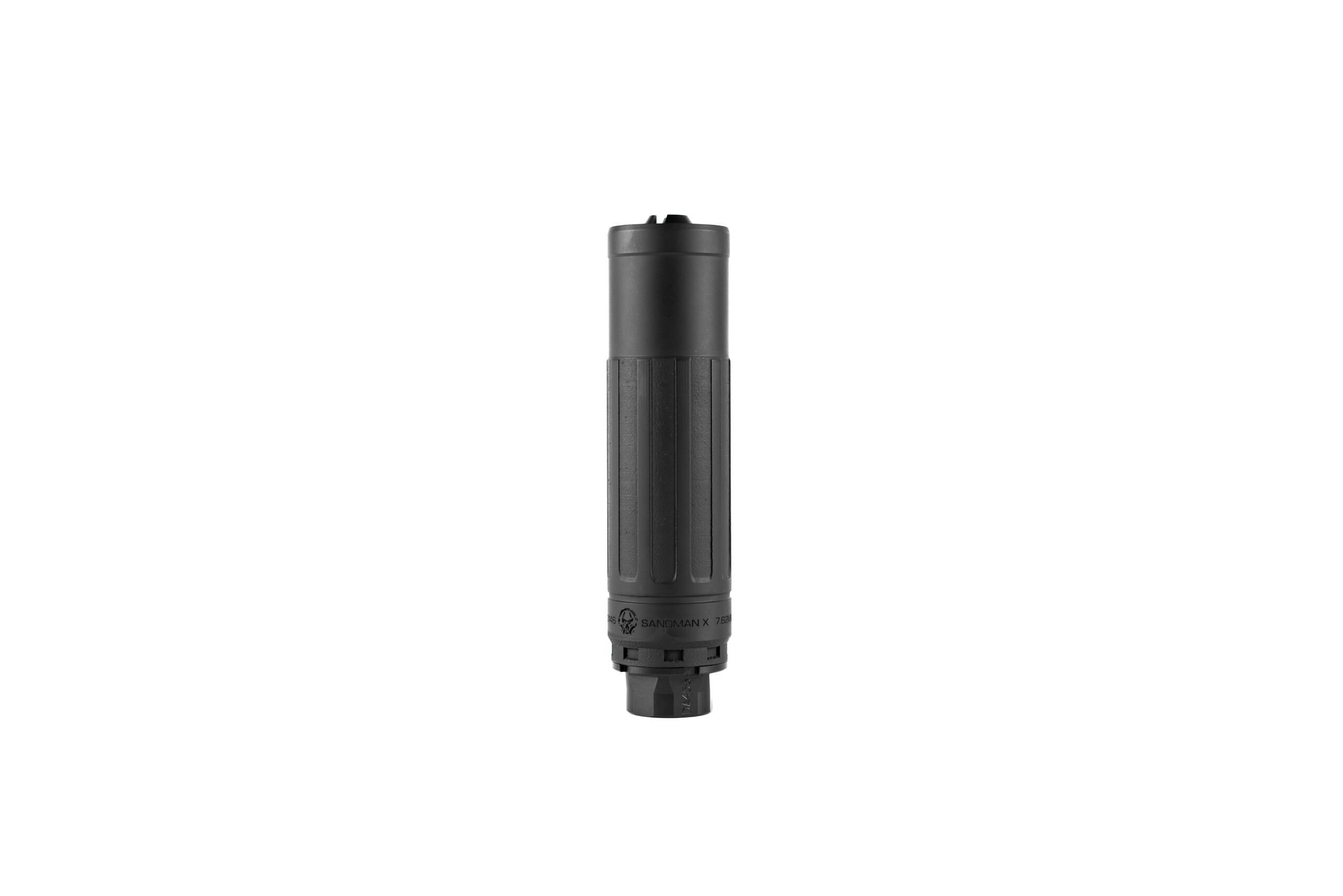 Black firearm suppressor on white background